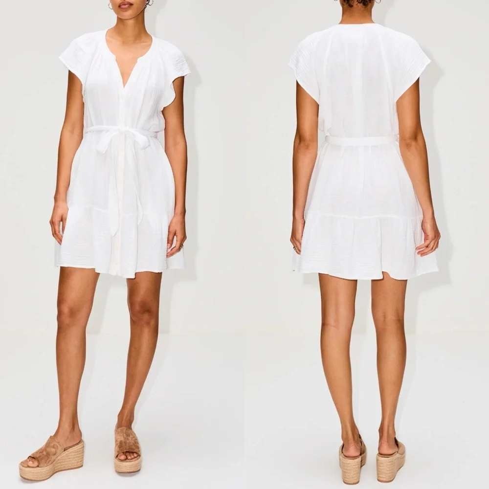 Xirena Jude Dress White Cotton Gauze Flutter Sleeve Belted Mini Dress Size M